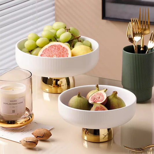 GOLD AND WHITE CERAMIC DISPLAY BOWLS